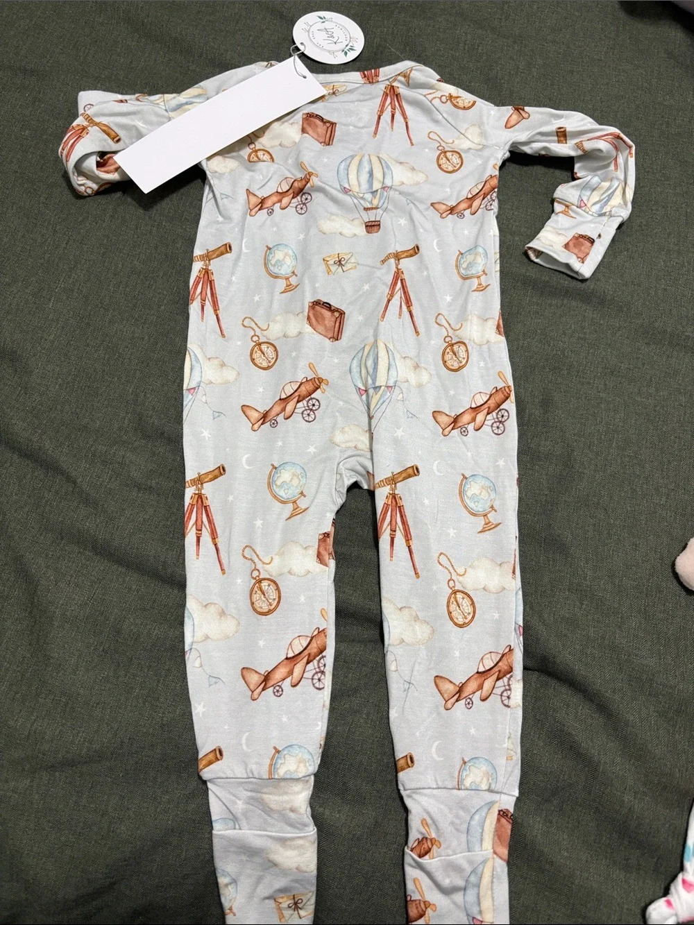 K & A boutique bamboo baby Hot Air Balloon & Airplane Footed One-Piece